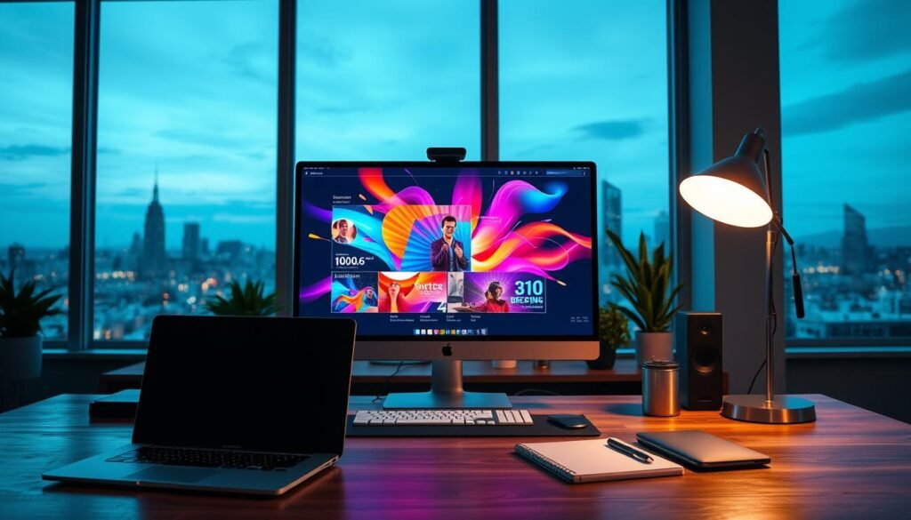 A captivating digital workspace featuring a computer screen displaying vibrant, dynamic motion graphics templates. In the foreground, a sleek laptop and design tools like a stylus and sketchpad are arranged neatly on a stylish wooden desk. The middle ground showcases a glowing monitor filled with layered motion graphics elements, colors vivid and inviting, radiating creativity. Soft ambient lighting from a nearby desk lamp creates a warm and inspiring atmosphere, while a large window in the background reveals a city skyline at dusk, casting a calming blue hue across the space. The mood is energetic and innovative, capturing the essence of design and digital creation.