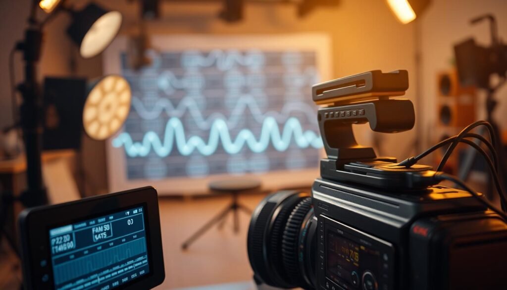 A cinematic setup showcasing the concept of "frame rate" in a professional video context. In the foreground, a high-end video camera with intricate settings displayed on its digital screen, capturing the essence of precision. The middle layer features a soft-focus array of film reels and a dynamic visual representation of different frame rates as animated lines or waveforms. The background includes a softly lit studio environment with a hint of equipment like lights and tripods, imparting a sense of professionalism. Use warm, inviting lighting to create a cozy yet focused atmosphere, evoking creativity and technical mastery. Opt for a slight top-down angle to emphasize the gear's detailed craftsmanship and the interplay of technology in capturing motion.