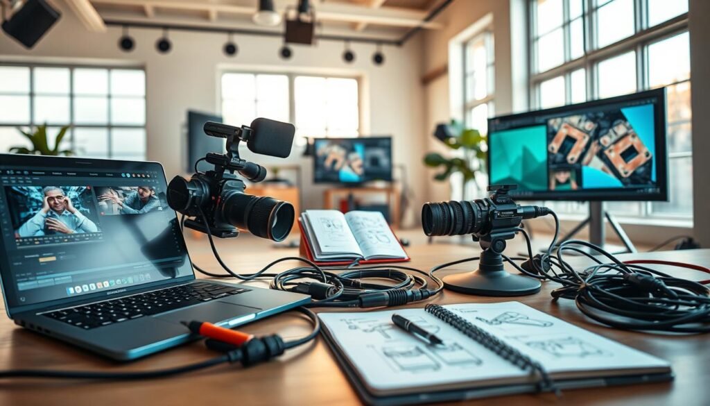 A collection of modern video production tools and AI software features prominently in the foreground, including a sleek laptop with a video editing program open, a state-of-the-art camera, and a professional microphone. In the middle ground, display a vibrant workspace with organized cables, a notebook filled with sketches, and creative visuals displayed on a monitor, showcasing the integration of technology and creativity. The background should feature a bright, airy studio with natural light pouring in through large windows, creating an inviting atmosphere, with soft shadows adding depth. The mood is innovative and collaborative, suggesting the synergy between technology and human creativity. Use a slightly elevated angle to capture the workspace effectively, with a focus on intricate textures and details.