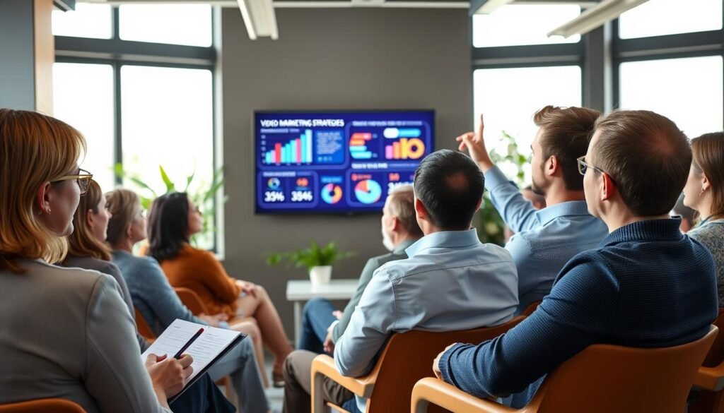 A diverse group of engaged adults sitting in a modern conference room, focused intently on a presentation. In the foreground, a middle-aged woman in professional attire takes notes, while a young man in a smart casual outfit raises his hand to ask a question. The middle section features a sleek digital screen displaying vibrant graphs and statistics related to video marketing strategies. In the background, large windows let in soft, natural light, enhancing the warm, collaborative atmosphere. A few potted plants add a touch of greenery, and the overall color scheme is a mix of blues and whites, promoting a sense of professionalism and creativity. The image captures the essence of audience engagement and deep research in a business context.