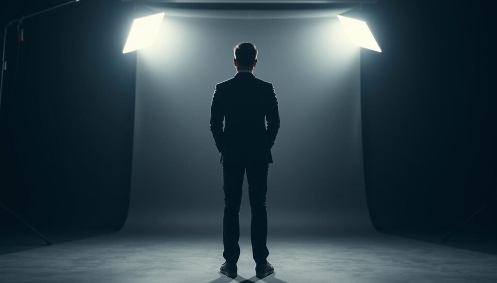 A dramatic studio scene illustrating the concept of backlighting for a photography setup. In the foreground, a simple yet elegant subject, a professional model dressed in smart business attire, stands confidently with their back facing a powerful light source emanating from behind. The light creates a soft halo effect around the model, emphasizing their silhouette while subtly separating them from a softly blurred background. The middle ground features a minimalist backdrop, possibly a neutral color, intentionally devoid of distractions. The background appears dimmer and cooler in tone, enhancing the contrast. The atmosphere is moody and professional, with a focus on showcasing the principles of backlighting, capturing the intricate dance of light and shadows without glare or unwanted spill. The composition is shot with a prime lens at a low angle to emphasize depth.