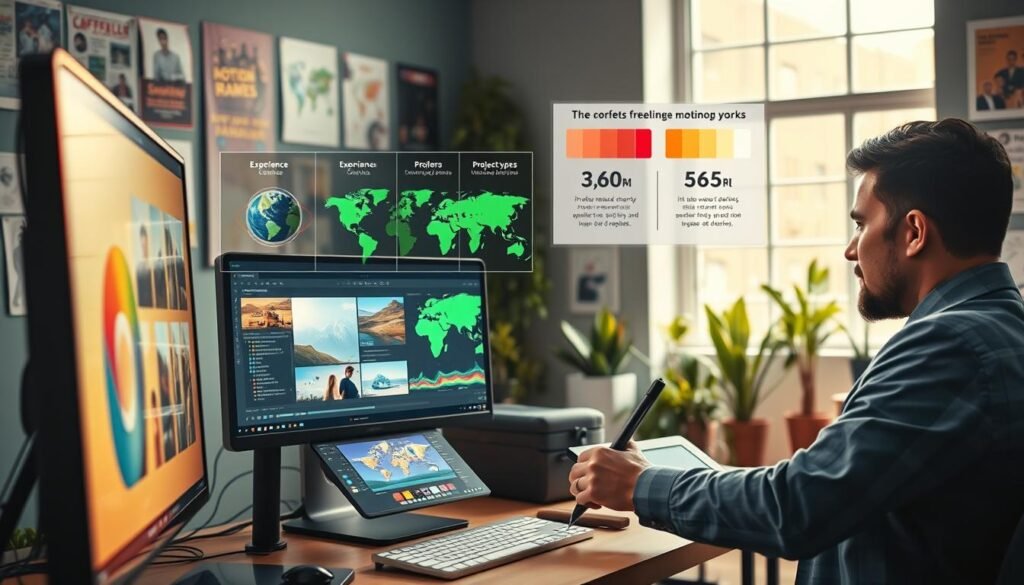 A dynamic and colorful digital workspace showcasing freelance motion graphics work, divided neatly into three distinct areas: the foreground features a stylish computer setup with vibrant screens displaying animated graphics and different project types, while a designer in business attire meticulously adjusts settings using a graphics tablet. The middle area highlights various environmental icons representing different locations, such as a globe and maps, with immersive charts illustrating experience levels and project types hovering above. The background showcases a bright and creative studio filled with motion design posters and plants, creating an inspiring atmosphere. The lighting is warm and inviting, with natural light streaming in from a large window, providing a sense of productivity and innovation. The composition captures the essence of collaboration and creativity in the world of motion graphics.
