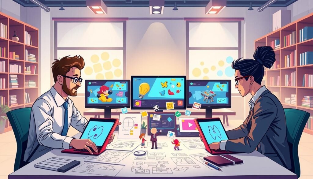 A dynamic and engaging illustration representing animation fundamentals for a motion graphics course. In the foreground, showcase a diverse group of three professional individuals in business attire, working collaboratively on digital animation software on sleek laptops surrounded by colorful sketches and storyboards. In the middle ground, include a vibrant array of animated character designs, motion paths, and keyframes displayed on various monitors, blending playful animation elements with a technical aesthetic. In the background, depict a modern studio environment with bright, soft lighting casting warm tones, and shelves lined with design books and tools, creating a creative and inspiring atmosphere. The overall mood should be energetic and professional, inviting viewers to explore the world of motion graphics in a compelling visual narrative. A dynamic and engaging illustration representing animation fundamentals for a motion graphics course. In the foreground, showcase a diverse group of three professional individuals in business attire, working collaboratively on digital animation software on sleek laptops surrounded by colorful sketches and storyboards. In the middle ground, include a vibrant array of animated character designs, motion paths, and keyframes displayed on various monitors, blending playful animation elements with a technical aesthetic. In the background, depict a modern studio environment with bright, soft lighting casting warm tones, and shelves lined with design books and tools, creating a creative and inspiring atmosphere. The overall mood should be energetic and professional, inviting viewers to explore the world of motion graphics in a compelling visual narrative.
