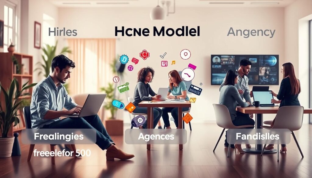 A dynamic and informative scene illustrating a "hiring model comparison" related to motion graphics. In the foreground, depict three distinct professionals: a freelancer, represented by a focused individual working on a laptop in a cozy home office; a small studio team, showcasing two creative individuals collaborating around a drafting table with sketches and a computer; and an agency team, featuring a diverse group in a modern conference room discussing concepts with digital displays in the background. The middle layer should include vibrant motion graphics elements, such as animations and icons, subtly integrated around each hiring model. The background should consist of a bright, inviting atmosphere with soft, natural lighting. The overall mood should be one of creativity, professionalism, and opportunity, inspiring viewers about the potential of motion graphics for business.