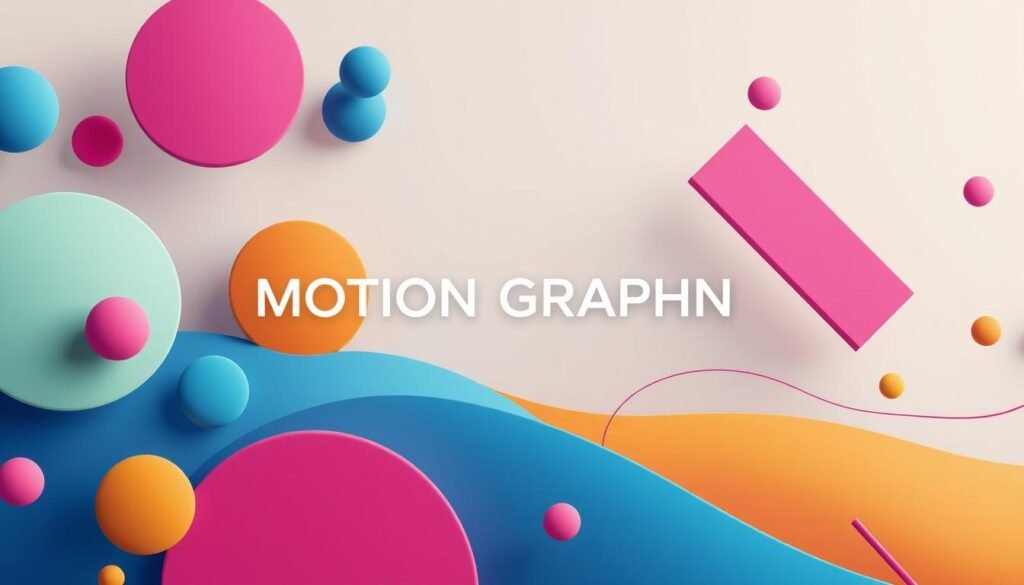 A dynamic composition showcasing the essence of motion graphics design. In the foreground, geometric shapes like circles, triangles, and rectangles in vibrant colors, arranged to suggest movement and rhythm. Smooth curves and lines intertwine, creating a sense of flow. In the middle ground, text elements in modern fonts appear to emerge and fade, enhancing the sense of dynamism. The background features a subtle gradient of light to dark, emphasizing depth and allowing the foreground shapes to pop. Soft, diffused lighting casts gentle shadows, creating a polished and professional look. The overall mood is creative and energetic, reflecting the exciting world of motion graphics while maintaining a clean and organized aesthetic.