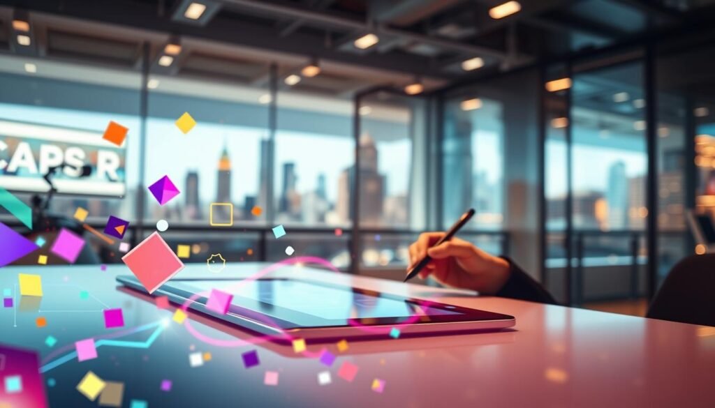 A dynamic composition showcasing the essence of motion graphics in real-world videos and brand content. In the foreground, sleek, modern digital elements—like vibrant geometric shapes and animated icons—interact fluidly, symbolizing movement and creativity. The middle layer features an abstract workspace with a digital tablet and stylus, suggesting an artist engaged in creating captivating graphics. In the background, a softly blurred cityscape reflects innovation and modernity, bathed in warm, inviting lighting that enhances a professional yet approachable atmosphere. The angle is slightly tilted to give a sense of perspective and dynamism. The overall mood is energetic and inspiring, evoking the transformative power of motion graphics in elevating visual storytelling.