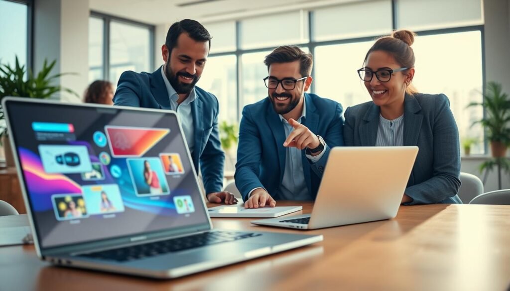 A dynamic marketing video scene showcasing a diverse group of professionals engaged in a brainstorming session about motion graphics for branding. In the foreground, a sleek laptop displays vibrant motion graphic animations, showing colorful transitions and engaging visual elements. In the middle, two professionals, one wearing a smart blue suit and the other in a stylish yet modest casual outfit, collaborate with enthusiasm, pointing at the screen and discussing ideas. The background features a bright, modern office with large windows, allowing natural light to flood the space, creating a warm and inviting atmosphere. Soft shadows highlight the faces of the collaborators, emphasizing their excitement. The overall mood is energetic and innovative, reflecting the impact of motion graphics on branding and content marketing.