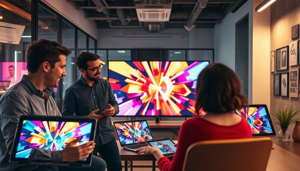 A dynamic office environment showcasing a team of three creative professionals collaborating on motion graphics and video projects. In the foreground, a diverse trio—two men and one woman—are engaged in animated discussion, surrounded by digital tablets and laptops displaying colorful animation concepts. The middle ground features a large screen projecting a vibrant, eye-catching motion graphics display, filled with geometric shapes and fluid animations. The background reveals a modern workspace with glass partitions, bright LED lights illuminating the space, and a wall adorned with visual design inspirations. The atmosphere is energetic and creative, with warm lighting creating an inviting vibe, capturing the essence of innovation in motion graphics and video services.