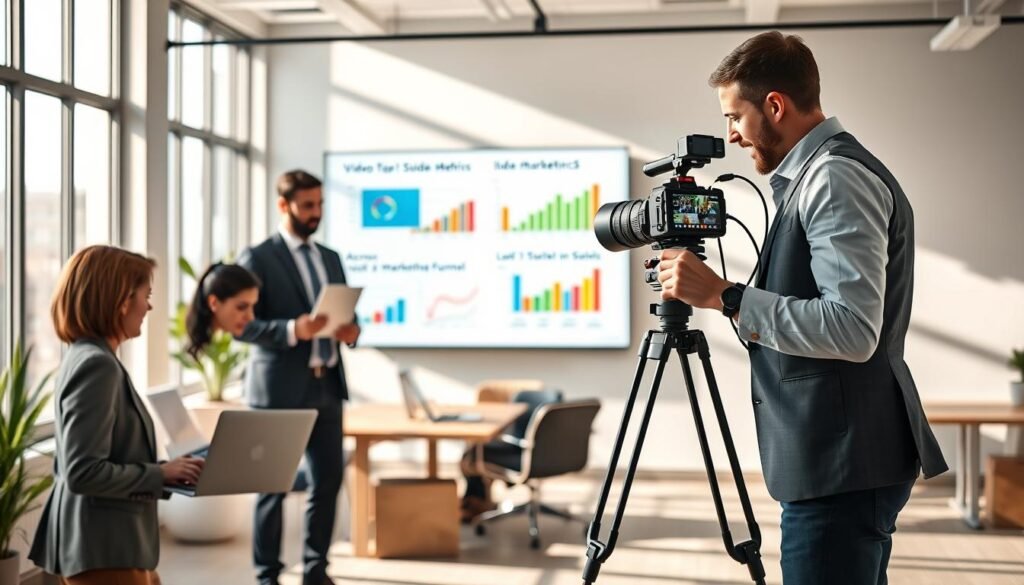 A dynamic office scene showcasing diverse professionals engaged in video marketing activities. In the foreground, a well-dressed woman with a laptop reviews video analytics, while a man in business attire records engaging video content with a high-quality camera mounted on a tripod. In the middle ground, a large screen displays visuals of video metrics and colorful graphs that illustrate increased sales across the marketing funnel. The background features a modern office environment with large windows allowing natural light to flood in, creating a bright and motivating atmosphere. Soft shadows play across the room, and the overall mood is one of collaboration and innovation, emphasizing the transformative power of video marketing in boosting sales.