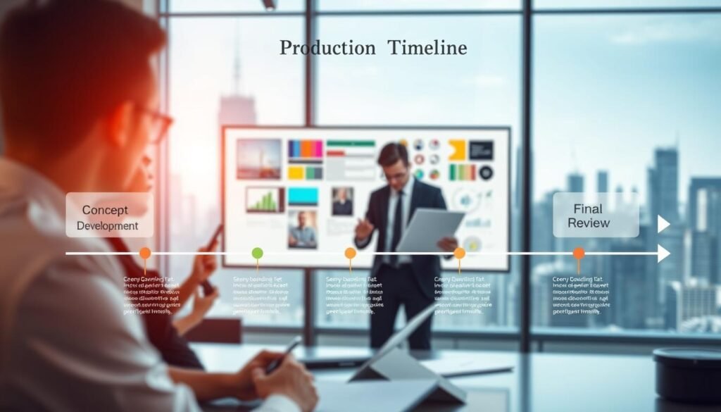 A dynamic production timeline graphic illustrating the stages of a motion graphics video project. In the foreground, include colorful, labeled milestones such as "Concept Development," "Storyboarding," "Animation," and "Final Review," organized in a horizontal format with arrows connecting each phase. The middle layer features a sleek digital workspace with a designer in professional attire, analyzing timelines on a modern screen, surrounded by vibrant design elements like color palettes and digital sketches. In the background, faint outlines of city skyscrapers symbolize industry and creativity. Use bright, natural lighting to evoke a sense of innovation and motivation, with a slight depth of field to focus on the timeline. The atmosphere is collaborative and energetic, ideal for a creative agency environment.