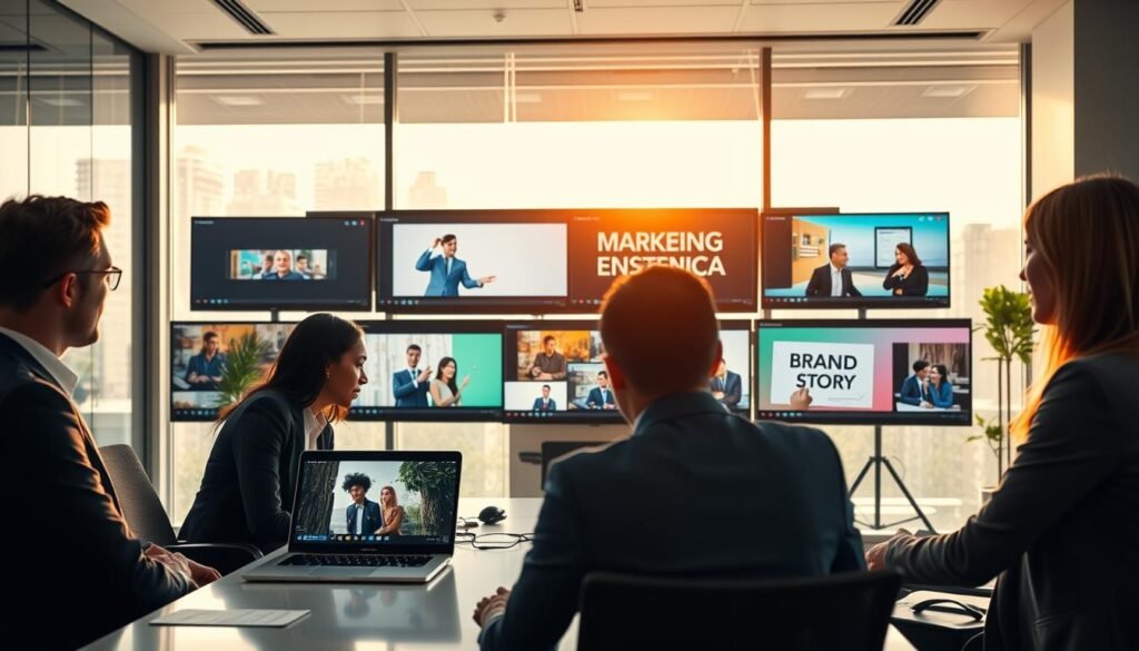 A dynamic scene showcasing various types of marketing videos. In the foreground, include a professional business team, dressed in smart attire, discussing strategies around a modern conference table, with laptops and video production equipment visible. In the middle ground, display diverse video scenes on monitors: a product demonstration, a testimonial, an animated explainer, and a brand story segment, each reflecting vibrant visuals and engaging content. The background should have a sleek office setting with large windows allowing soft, natural light to flood in, creating a bright and inviting atmosphere. Use a cinematic angle to emphasize depth, ensuring the composition feels lively and inspiring, tailored to the innovative nature of video marketing.