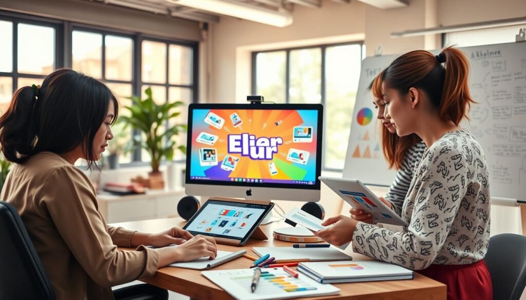 A dynamic workspace designed for creating motion graphics, featuring a modern computer setup displaying a vibrant explainer video in progress. In the foreground, a diverse group of three professionals are collaborating—one person, a woman of Asian descent, is focused on adjusting animation software; the second, a Black man, is sketching ideas on a digital tablet; the third, a Caucasian woman, is reviewing color palettes on a monitor. The middle ground has creative tools like graphic tablets, sketchbooks, and a whiteboard filled with notes and brainstorming visuals. The background showcases large windows allowing natural light to illuminate the room, enhancing the energetic and innovative atmosphere. The whole scene conveys collaboration and creativity in motion graphics production, with a warm and inviting color palette. A dynamic workspace designed for creating motion graphics, featuring a modern computer setup displaying a vibrant explainer video in progress. In the foreground, a diverse group of three professionals are collaborating—one person, a woman of Asian descent, is focused on adjusting animation software; the second, a Black man, is sketching ideas on a digital tablet; the third, a Caucasian woman, is reviewing color palettes on a monitor. The middle ground has creative tools like graphic tablets, sketchbooks, and a whiteboard filled with notes and brainstorming visuals. The background showcases large windows allowing natural light to illuminate the room, enhancing the energetic and innovative atmosphere. The whole scene conveys collaboration and creativity in motion graphics production, with a warm and inviting color palette.