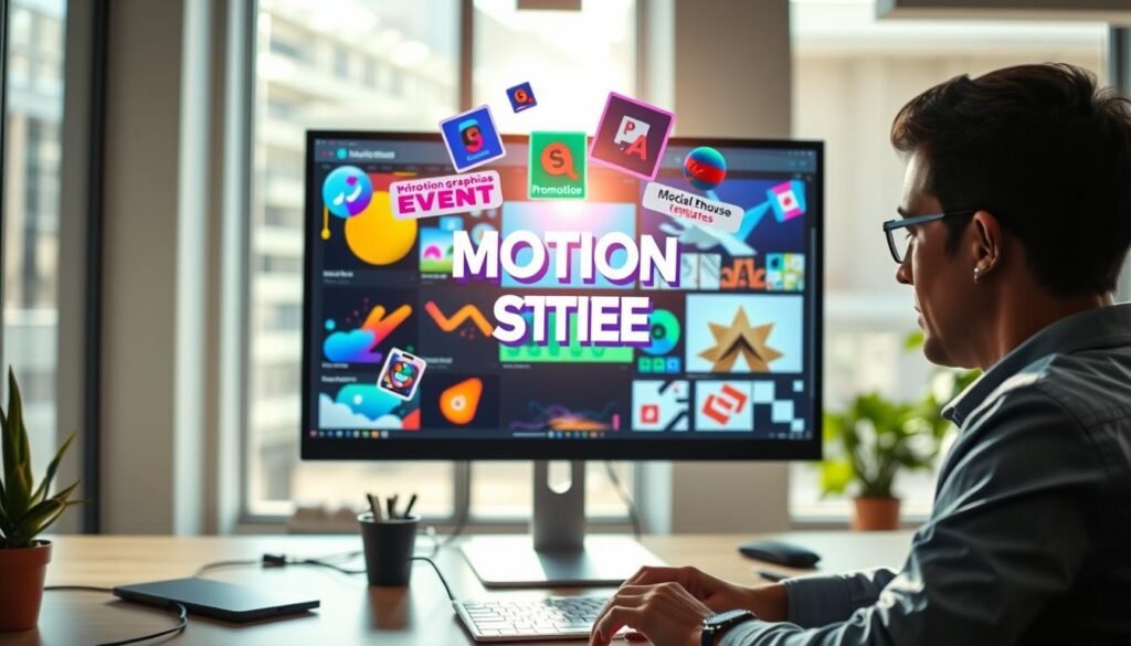 A dynamic workspace featuring a computer screen displaying vibrant, colorful motion graphics templates in various styles, such as abstract shapes, animated text, and graphic overlays. In the foreground, a professional designer is engaged in creating a project, wearing smart casual attire. The middle layer includes floating 3D elements that represent different categories of templates, like promotional, social media, and event graphics, radiating outwards. The background showcases a modern office with soft, natural lighting streaming through large windows, casting gentle shadows. The mood is creative and inspiring, emphasizing innovation and the endless possibilities offered by motion graphics. The composition should be vibrant and engaging, highlighting the adaptability of these templates for various uses.