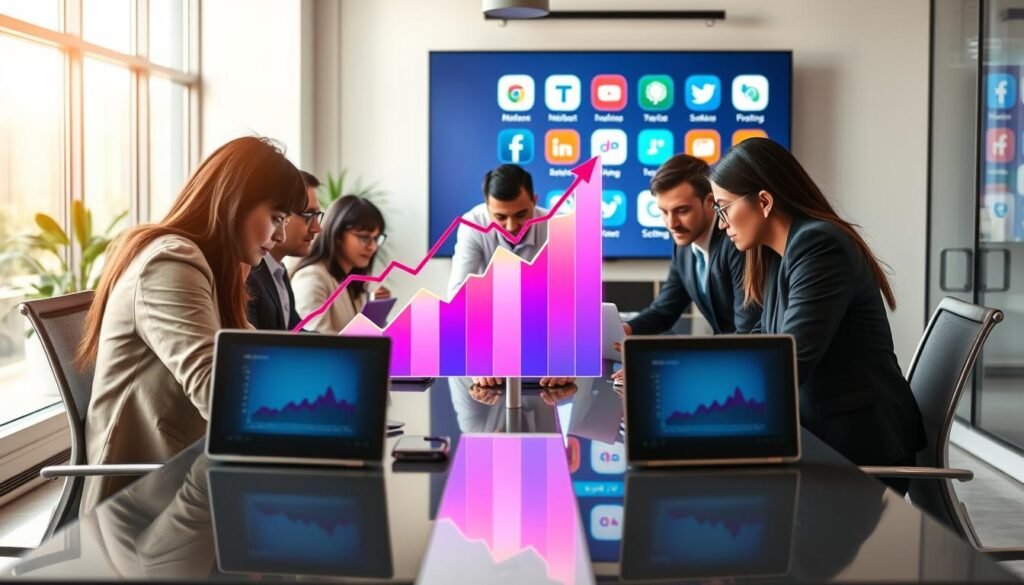 A dynamic workspace scene illustrating "platform optimization." In the foreground, a diverse group of professionals in business attire collaborate around a sleek modern table, focusing intently on laptops displaying engaging video metrics. In the middle, vibrant charts and graphs hover above their devices, showcasing rising engagement statistics visually. The background features a large digital screen displaying various social media icons, symbolizing multiple platforms. Soft, natural light filters through large windows, creating a bright, energetic atmosphere. The camera angle is slightly elevated, providing a clear view of the group's interaction and the visual data. The overall mood is focused and collaborative, emphasizing the importance of optimization in video marketing strategies. A dynamic workspace scene illustrating "platform optimization." In the foreground, a diverse group of professionals in business attire collaborate around a sleek modern table, focusing intently on laptops displaying engaging video metrics. In the middle, vibrant charts and graphs hover above their devices, showcasing rising engagement statistics visually. The background features a large digital screen displaying various social media icons, symbolizing multiple platforms. Soft, natural light filters through large windows, creating a bright, energetic atmosphere. The camera angle is slightly elevated, providing a clear view of the group's interaction and the visual data. The overall mood is focused and collaborative, emphasizing the importance of optimization in video marketing strategies.