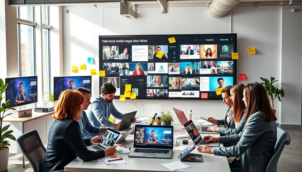A dynamic workspace scene illustrating the concept of social media video discoverability. In the foreground, a diverse group of professionals in business attire are collaborating around a large table, analyzing video content on laptops and tablets. They are surrounded by colorful sticky notes and digital screens displaying trending hashtags, keyword analytics, and vibrant video thumbnails. In the middle ground, a large digital board showcases various social media platforms, pulsing with lively graphics and engagement stats. The background features a bright, modern office with large windows letting in natural light, casting soft shadows. The atmosphere is energetic and collaborative, with a sense of creativity and innovation in the air, highlighting the excitement of optimizing video marketing strategies.