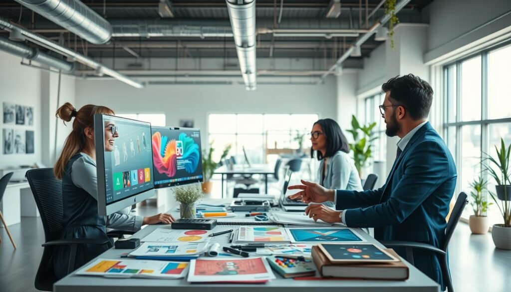 A dynamic workspace scene showcasing a diverse group of three professional individuals collaborating on motion graphics. In the foreground, a woman in a smart casual outfit is at a computer, animatedly discussing ideas with a man in business attire, pointing at a vibrant motion graphics design on the screen. The middle layer features various design tools and colorful storyboards spread across a modern, cluttered table. In the background, a large window lets in bright natural light, illuminating an open office filled with creative equipment and plants. The atmosphere is energetic and focused, evoking a sense of collaboration and creativity, captured from a slightly elevated angle to encompass the entire workspace.