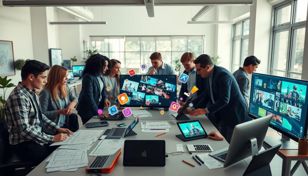 A dynamic workspace showcasing the motion graphics process from concept to final video. In the foreground, a diverse group of professionals in smart casual attire collaborates around a modern desktop filled with sketches, storyboards, and screens displaying vibrant animations. The middle ground features digital tablets and graphic design software in use, with colorful visual elements like icons and vectors floating mid-air to symbolize the creative flow. In the background, a bright, airy studio with large windows lets in natural light, accentuating a cheerful and inspiring atmosphere. The lens captures a slightly elevated angle, highlighting creativity and innovation, while soft shadows add depth to the scene. The overall mood is energetic and collaborative, inviting viewers into the world of motion graphics creation.