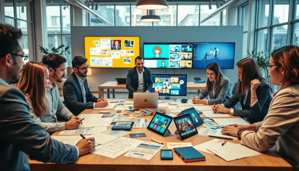A dynamic workspace showcasing the process of creating motion graphics video. In the foreground, a team of diverse professionals in business attire collaborate animatedly around a large table filled with sketches, storyboards, and digital devices displaying colorful animations. The middle ground features large screens showing various stages of the project, from strategy brainstorming boards to final animation clips. The background is an open, modern office space with vibrant decor, large windows allowing natural light to fill the room, creating an inviting and creative atmosphere. Soft focus on details enhances the energy of collaboration, while warm lighting adds depth and cohesion to the scene, capturing the essence of teamwork and innovation.