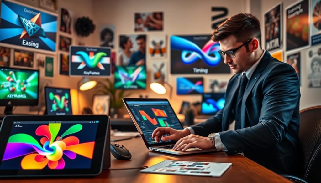 A dynamic workspace showcasing various motion design examples for beginners. In the foreground, a digital tablet displays animated graphics with vibrant colors and smooth transitions. In the middle, a designer works intently, wearing professional business attire, manipulating software tools on a laptop with a colorful interface. Surrounding them are floating screens illustrating key concepts of motion graphics like easing, keyframes, and timing, visually represented with eye-catching animations. The background showcases a creatively cluttered office space with posters of famous motion graphics, warm lighting cascades from a desk lamp, enhancing the creative atmosphere. Shot from a slightly elevated angle to capture both the action and the vibrant designs, creating an inspiring scene that reflects creativity and learning.