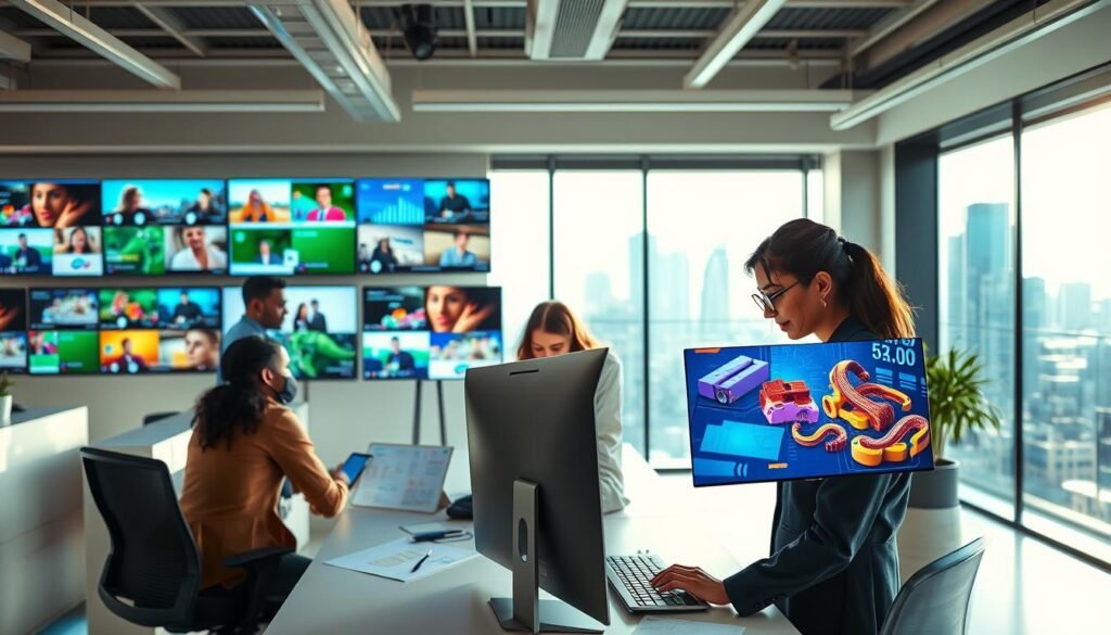 A modern office environment showcasing a diverse team of motion graphics designers at work. In the foreground, a South Asian female designer reviews vibrant motion graphic animations on her computer, wearing professional business attire. To the left, a Black male designer collaborates with a Hispanic female designer, both engaged in a brainstorming session with colorful sketches and digital tablets spread out. The middle ground captures a bright, sleek workspace with wall-mounted screens displaying various animated clips and performance statistics. In the background, large windows offer a sunny view of a city skyline, enhancing the energetic atmosphere. Utilize soft lighting to create an inspiring mood and opt for a wide-angle lens to capture the collaborative dynamic of the team. The image should evoke professionalism and creativity without any text or distractions.