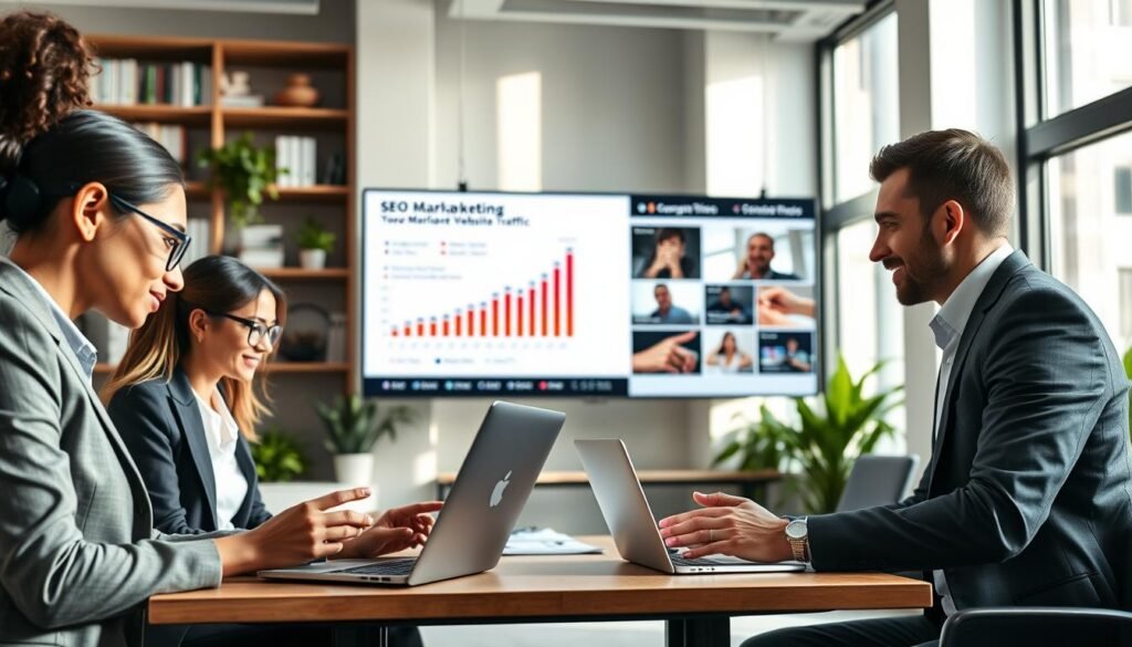 A modern office scene featuring a diverse team of professionals collaborating on a video marketing project. In the foreground, a focused woman in smart business attire analyzes video metrics on a laptop, while a man gestures enthusiastically, highlighting a chart that illustrates an increase in website traffic. In the middle ground, a large screen displays vibrant graphs and video thumbnails, showcasing SEO benefits and engaging video content. The background features shelves filled with marketing books and green plants, creating a lively atmosphere. Soft, natural lighting filters through large windows, casting gentle shadows and emphasizing a productive mood. Use a standard lens perspective to capture the dynamic teamwork and professional environment.