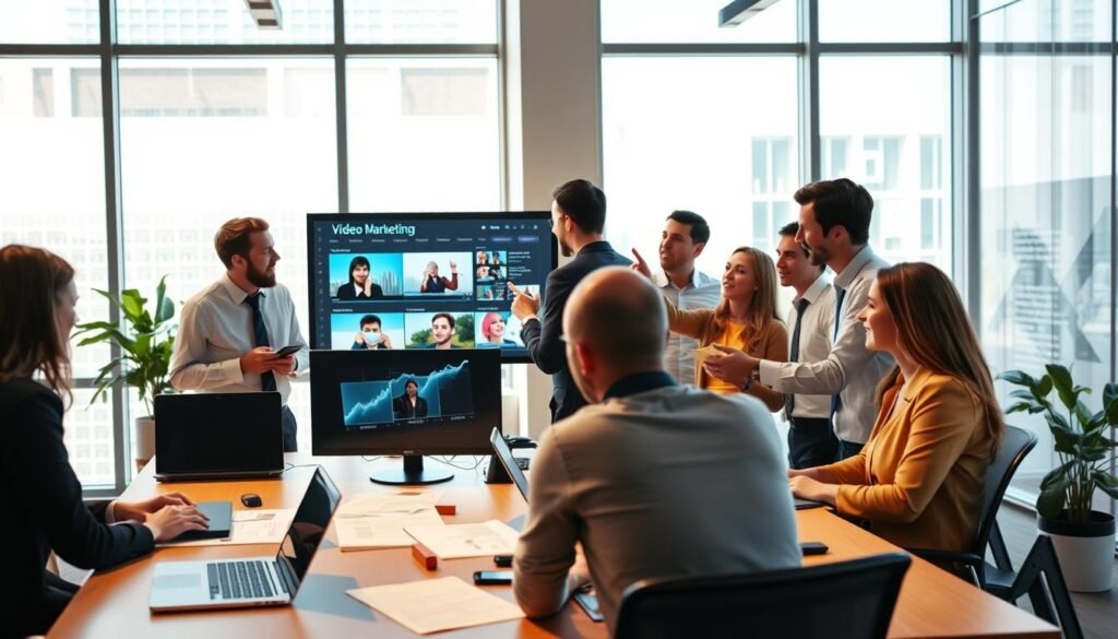 A modern office setting filled with creative energy, highlighting a diverse team of professionals in business attire collaborating on a video marketing strategy. In the foreground, a large table displays laptops, monitors with video editing software open, and storyboards. The middle layer shows engaged team members discussing ideas animatedly, some pointing at a screen showcasing video analytics and successful marketing campaigns. The background features large windows allowing natural light to flood the room, emphasizing a bright and optimistic atmosphere. The color scheme is vibrant yet professional, with warm tones creating a sense of collaboration and innovation. The overall mood is dynamic, inspiring action and creativity in marketing video production.