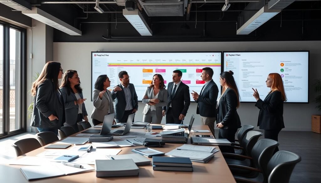 A modern office workspace featuring a detailed project plan on a large digital screen, showcasing colorful timelines and task lists. In the foreground, a diverse team of professionals in smart business attire is engaged in a collaborative discussion, pointing at the screen with expressions of focus and enthusiasm. The middle ground highlights a large table cluttered with notebooks, laptops, and design sketches. In the background, large windows let in natural light, casting soft shadows and creating a bright, motivational atmosphere. The lighting is bright and evenly distributed, emphasizing the workspace's dynamic feel. The overall mood is one of productivity and teamwork, illustrating the importance of planning in motion graphics production.