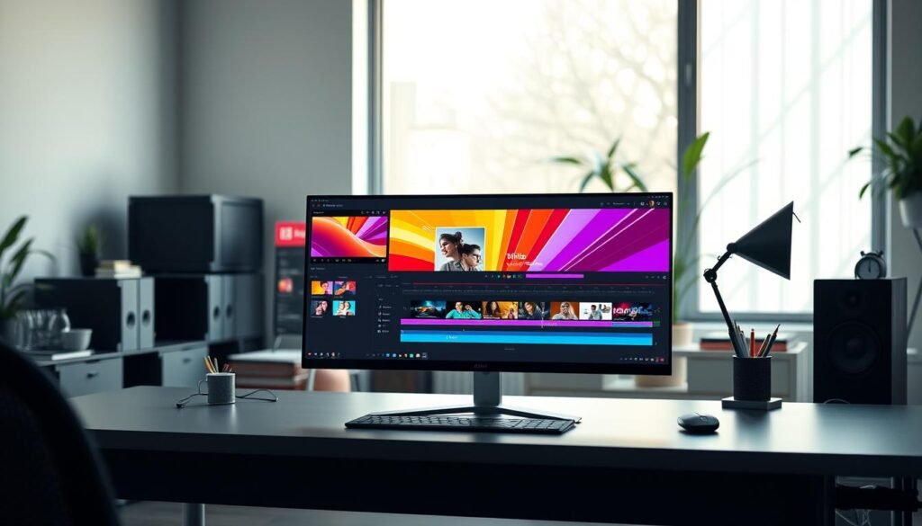 A modern, sleek workspace featuring a computer screen displaying Adobe Premiere Pro in action, showcasing vibrant motion graphics templates in a timeline. In the foreground, a stylish desk with a high-resolution monitor, neatly arranged with color-coded clips and animated elements. The middle ground highlights a clutter-free environment with a potted plant and office supplies, creating a professional yet creative atmosphere. The background reveals a softly lit room with a large window letting in natural light, casting gentle shadows to enhance the depth. The overall mood conveys focus, creativity, and innovation, ideal for illustrating the use of motion graphics in video editing workflows. The scene should evoke a sense of inspiration and digital artistry, perfect for practitioners of video production.