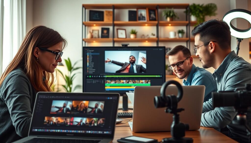 A modern video editing workspace featuring a diverse group of three professionals—one woman with glasses and two men—focused on their laptops while reviewing video footage. The foreground showcases close-ups of an open video editing software interface displaying vibrant clips with various editing tools. In the middle, a large monitor displays a thumbnail of an engaging marketing video with a color palette that grabs attention. The background features soft, diffused lighting that creates an inviting atmosphere, with shelves lined with video production awards and plants adding warmth. A camera and a ring light sit nearby, hinting at a creative process. The overall mood is collaborative and inspiring, emphasizing the importance of clarity, accessibility, and engagement in video editing.