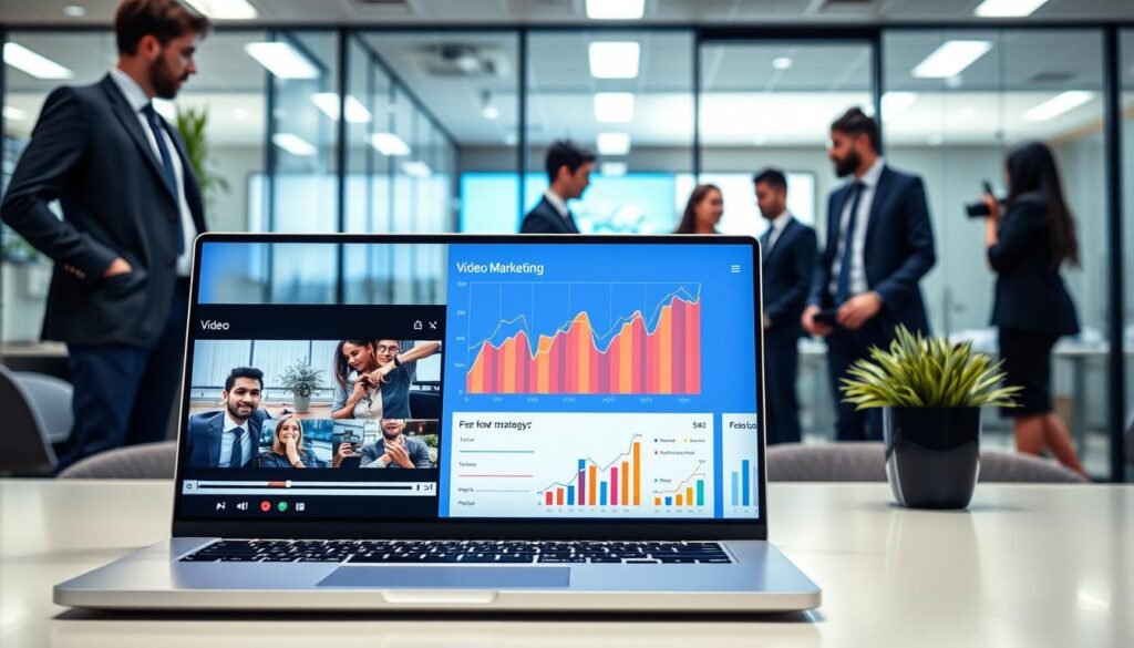 A modern, visually engaging website interface designed for a video marketing platform. In the foreground, showcase a sleek laptop displaying a dynamic video player with engaging thumbnails, accented by vibrant play buttons. The middle section features colorful video marketing analytics graphs and statistics to emphasize performance metrics. In the background, an office setting with glass walls reveals a professional team collaboratively discussing video strategies, wearing smart business attire. The overall lighting should be bright and inviting, with a soft focus on the screens to highlight their importance. The atmosphere is energetic and focused, reflecting a high-tech workspace conducive to innovative video marketing solutions.