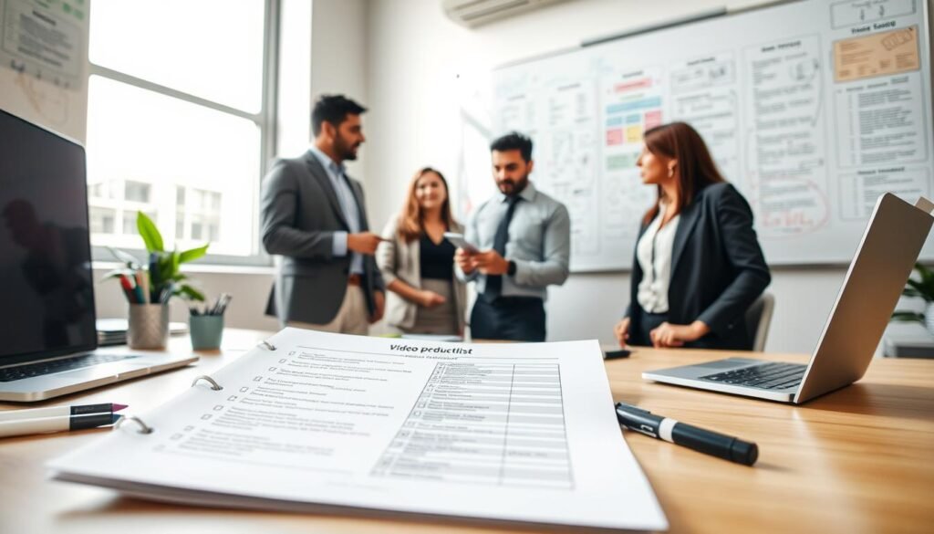 A professional and organized workspace for a video pre-production checklist. In the foreground, a detailed checklist on a clean desk with neatly arranged utensils like a pen, markers, and a laptop. In the middle, a diverse group of two business professionals—one man and one woman—in professional attire, engaged in a discussion, pointing at the checklist. The background features a whiteboard filled with colorful diagrams and notes related to video planning. Soft, natural light floods the room through a window, creating a warm yet focused atmosphere. The angle is a slightly elevated perspective, capturing the workspace's layout, emphasizing efficiency and collaboration in the pre-production process. The overall mood is productive and inspiring, reflecting a commitment to effective video creation.