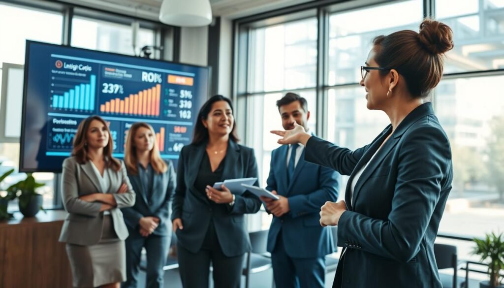 A professional office setting with a group of diverse business professionals analyzing engaging motion graphics on a large screen. In the foreground, a well-dressed woman is presenting animated visuals illustrating data trends and ROI metrics while pointing at an impressive graph showcasing growth. The middle ground reveals colleagues, dressed in suits and formal attire, attentively watching and taking notes, their expressions reflecting interest and engagement. The background features modern office decor with large windows allowing natural light to enhance the workspace. Soft, bright lighting creates a lively atmosphere, emphasizing collaboration and innovation, while a slightly low angle showcases the screen prominently, highlighting the impact of motion graphics on business performance.