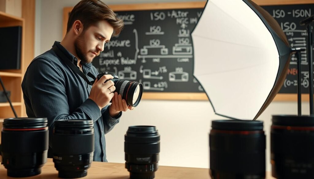 A professional photographer in a modern studio setting, meticulously adjusting camera settings on a sleek DSLR, focusing on the ISO dial. In the foreground, several high-quality lenses are displayed, showcasing their intricate details. The middle ground features a large, illuminated softbox casting soft, even light on the scene, creating a warm, inviting atmosphere. In the background, a chalkboard filled with technical diagrams of exposure balance and ISO settings enhances the educational theme. The overall mood conveys concentration and expertise, with natural colors and subtle shadows adding depth. The setup reflects a polished, professional environment, ideal for video production without any distractions or text overlays.