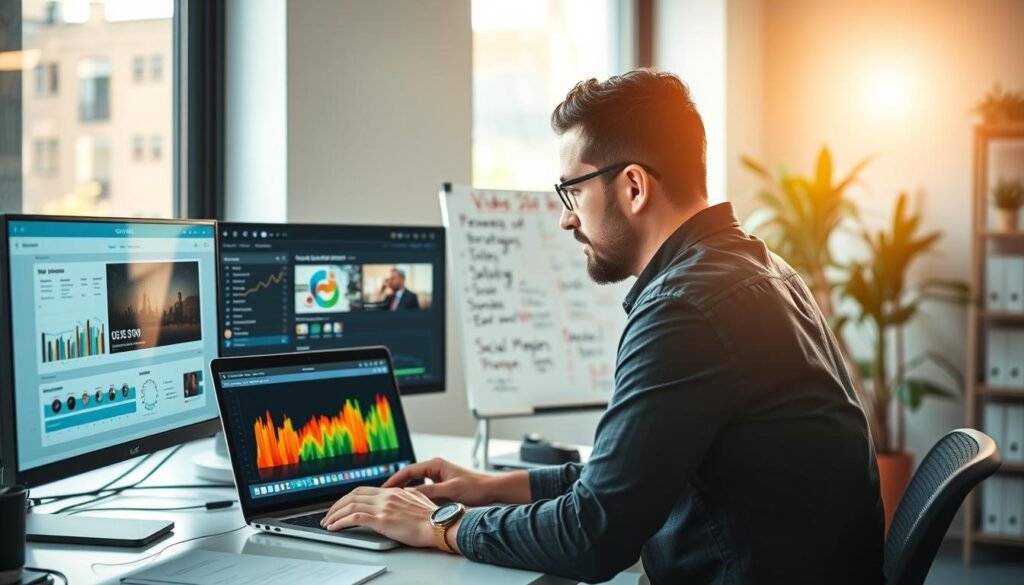 A professional video marketing specialist working at a modern desk, surrounded by multiple screens displaying video analytics, SEO keywords, and social media metrics. In the foreground, a laptop with a video editing software open, featuring a vibrant, engaging video timeline. The middle layer captures a whiteboard filled with colorful notes and strategies for video optimization and social media reach. Bright, natural light streams in from a nearby window, casting a warm glow over the scene. The background includes potted plants and a stylish bookshelf, emphasizing a contemporary office vibe. The overall atmosphere is focused and dynamic, showcasing the importance of video SEO in a digital marketing strategy.