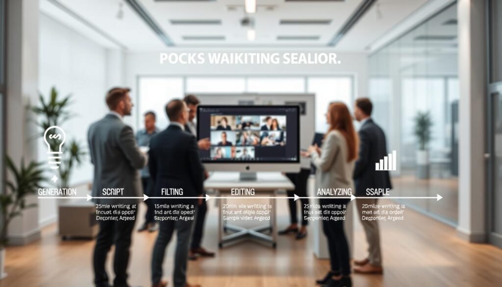 A professional video marketing workflow visually depicted as an infographic-style image. In the foreground, a clear, organized flowchart shows stages like "Idea Generation," "Script Writing," "Filming," "Editing," "Publishing," and "Analyzing Results." Each stage features simple iconography: a lightbulb for ideas, a pen for scripting, a camera for filming, and graphs for analysis. The middle ground includes subtle elements of a modern office environment, with a computer screen displaying video editing software, sample video thumbnails, and a team of diverse professionals in business attire collaborating and brainstorming ideas. The background fades into a sleek, minimalistic office space with soft, natural lighting, creating an inspiring and productive atmosphere. Use a wide-angle lens effect to capture depth and detail.