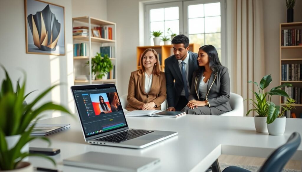 A serene and organized home workspace featuring a sleek desk with a laptop open to a vibrant motion graphics software interface. In the foreground, a diverse group of three individuals dressed in professional business attire, engaged in a virtual meeting, looking focused and collaborative. The middle ground includes bookshelves filled with design books and a potted plant that adds life to the setting. The background shows a large window with soft natural light flowing in, casting gentle shadows across the room. The overall atmosphere is encouraging and productive, highlighting the flexibility and accessibility of online learning for busy professionals while maintaining an inviting and modern aesthetic. A serene and organized home workspace featuring a sleek desk with a laptop open to a vibrant motion graphics software interface. In the foreground, a diverse group of three individuals dressed in professional business attire, engaged in a virtual meeting, looking focused and collaborative. The middle ground includes bookshelves filled with design books and a potted plant that adds life to the setting. The background shows a large window with soft natural light flowing in, casting gentle shadows across the room. The overall atmosphere is encouraging and productive, highlighting the flexibility and accessibility of online learning for busy professionals while maintaining an inviting and modern aesthetic.
