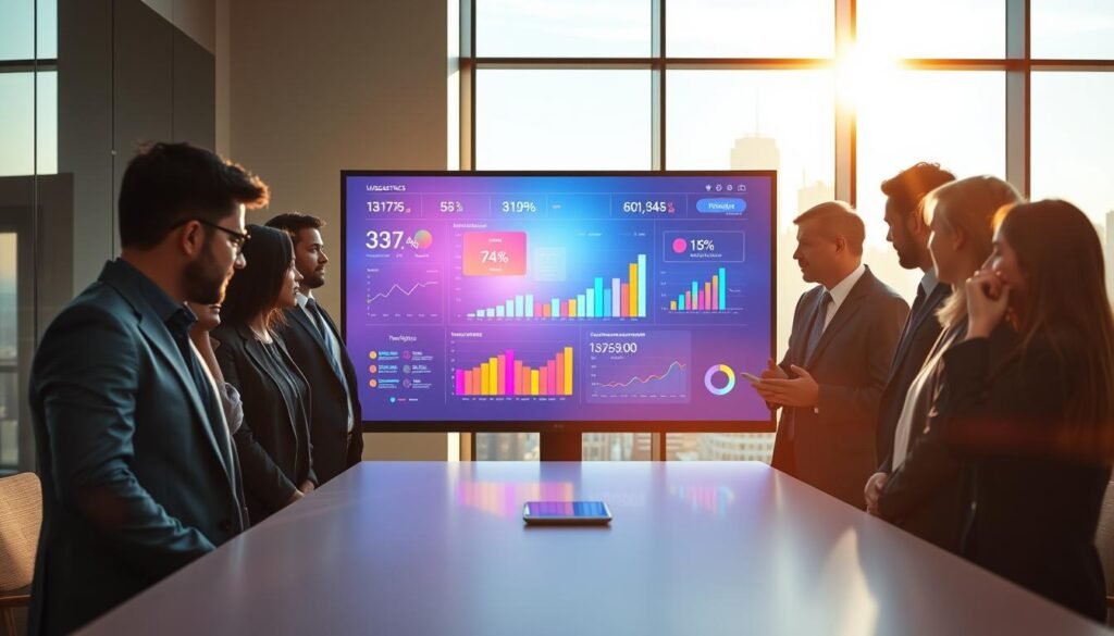 A sleek, modern office environment with a large digital screen displaying vibrant video metrics, such as graphs and statistics. In the foreground, a diverse group of professionals in smart business attire are intently analyzing the data together, conveying collaboration and focus. The middle layer features the digital screen illuminated by soft, ambient lighting, emphasizing the colorful metrics. In the background, large windows show a city skyline bathed in warm sunlight, creating an energetic and optimistic mood. The composition captures a sense of achievement and strategic planning, highlighting the importance of measuring video marketing success through insightful metrics. The overall atmosphere is professional, dynamic, and inspiring.