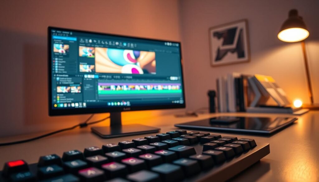 A sleek modern workspace featuring open motion graphics software on a high-definition monitor, displaying vibrant animations in progress. In the foreground, a close-up of a computer keyboard with colorful keycaps, hinting at creative shortcuts. The middle ground showcases the screen filled with a dynamic interface, complete with timeline layers and tools like bezier curves and keyframes. Soft ambient lighting casts warm hues, creating an inviting atmosphere, while reflections from the monitor subtly illuminate the surrounding area. In the background, a muted palette of design books and graphics tablets are artfully arranged, indicating a creative hub. The scene should evoke a sense of innovation and professionalism, ideal for motion graphics creation, all without any text or distractions. A sleek modern workspace featuring open motion graphics software on a high-definition monitor, displaying vibrant animations in progress. In the foreground, a close-up of a computer keyboard with colorful keycaps, hinting at creative shortcuts. The middle ground showcases the screen filled with a dynamic interface, complete with timeline layers and tools like bezier curves and keyframes. Soft ambient lighting casts warm hues, creating an inviting atmosphere, while reflections from the monitor subtly illuminate the surrounding area. In the background, a muted palette of design books and graphics tablets are artfully arranged, indicating a creative hub. The scene should evoke a sense of innovation and professionalism, ideal for motion graphics creation, all without any text or distractions.