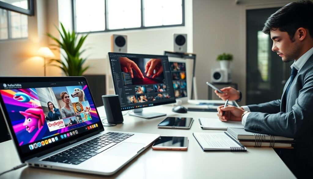A sleek, modern workspace filled with high-tech tools for motion graphics design. In the foreground, a stylish laptop displays a vibrant portfolio demo reel showcasing dynamic animations and engaging graphics. To the right, a designer, dressed in professional business attire, is intently focused on the screen, taking notes on a notepad. The middle layer features a neatly organized desk with design software open, a tablet, and graphic design books, conveying a sense of creative flow. The background includes soft ambient lighting from large windows, illuminating the space while casting gentle shadows. Use a wide-angle lens perspective to capture the entire scene, focusing on the intricate details of the demo reel and the designer’s concentration, creating a professional yet inviting atmosphere that highlights creativity and skill.