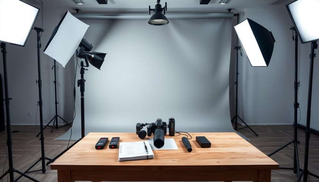 A spacious studio setup featuring a three-point lighting arrangement. In the foreground, there's a large, adjustable light stand with a softbox on either side, and a central spotlight aimed downwards. The middle ground includes a minimalist wooden table cluttered with a camera, light meters, and a notebook with a lighting checklist. The background shows a grey seamless backdrop, giving a smooth and professional look. Soft, diffused lighting creates gentle shadows that enhance the textures of the equipment and environment, while cool-toned accents provide a modern feel. The overall atmosphere is organized and focused, suggesting a professional workspace ready for a photoshoot.