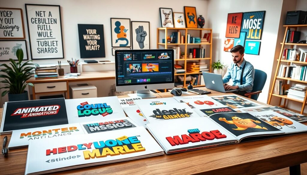 A vibrant and creative workspace showcasing a collection of diverse motion graphics projects arranged on a stylish wooden table. In the foreground, there are high-quality printed examples of animated logos, dynamic text animations, and engaging character designs, presented in sleek portfolios. In the middle ground, a computer screen displays an editing software interface with colorful animations in progress, with a professional, focused individual in business casual attire working on a laptop. The background features a bright, modern studio environment with motivational art pieces on the walls and an organized shelf filled with design books and tools, creating an inspiring atmosphere. Soft natural light filters through a large window, enhancing the creative ambiance and highlighting the projects. A vibrant and creative workspace showcasing a collection of diverse motion graphics projects arranged on a stylish wooden table. In the foreground, there are high-quality printed examples of animated logos, dynamic text animations, and engaging character designs, presented in sleek portfolios. In the middle ground, a computer screen displays an editing software interface with colorful animations in progress, with a professional, focused individual in business casual attire working on a laptop. The background features a bright, modern studio environment with motivational art pieces on the walls and an organized shelf filled with design books and tools, creating an inspiring atmosphere. Soft natural light filters through a large window, enhancing the creative ambiance and highlighting the projects.