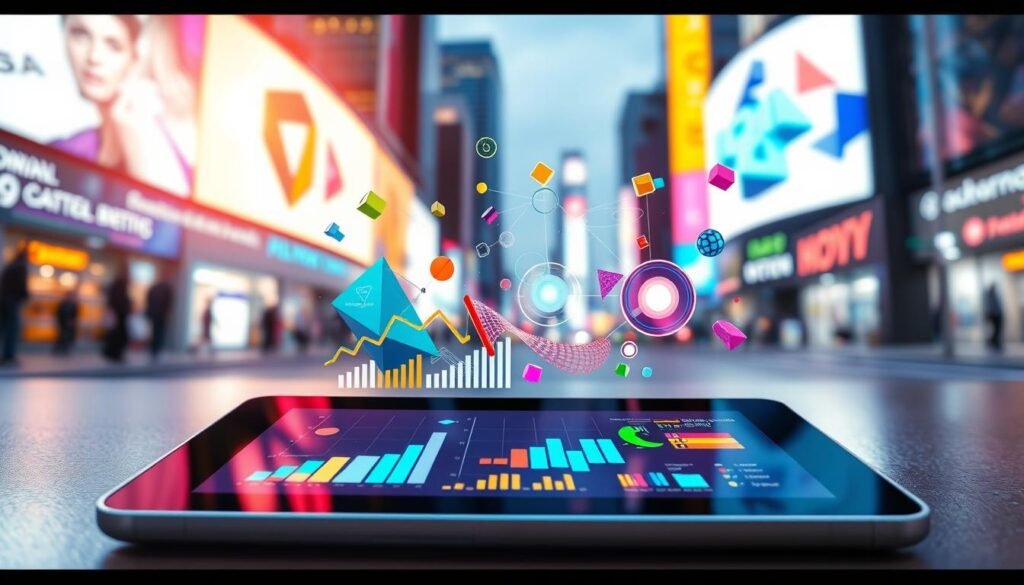 A vibrant and dynamic illustration showcasing motion graphics in action. In the foreground, a sleek digital tablet displays animated geometric shapes and colorful graphs, illustrating the principles of motion design. In the middle ground, a variety of motion graphics elements like swirling lines, pulsating circles, and transformative objects float around, blending together in a fluid and energetic manner. The background features a blurred cityscape with bright lights and digital billboards, enhancing the technology-driven atmosphere. Bright, well-balanced lighting emphasizes the colors of the graphics, while a slight lens distortion adds a sense of depth. The overall mood is modern and inspiring, representing creativity and innovation in marketing and design.