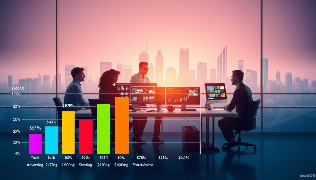 A vibrant and dynamic motion graphics design showcasing the concept of salary differences across various locations, industries, and job types for motion graphics designers. In the foreground, a stylized graphic representation of a salary chart, using colorful bars and icons for different industries such as tech, advertising, and entertainment. In the middle ground, a professional desk scene featuring diverse individuals in business attire collaborating on a project, surrounded by screens displaying animated graphics and data visualizations, reflecting the creative and tech-savvy nature of their work. The background should feature an abstract city skyline, symbolizing various job markets, lit with soft, ambient lighting that evokes a sense of innovation and opportunity. The overall mood is energetic and inspiring, highlighting the evolving landscape of motion graphics careers.