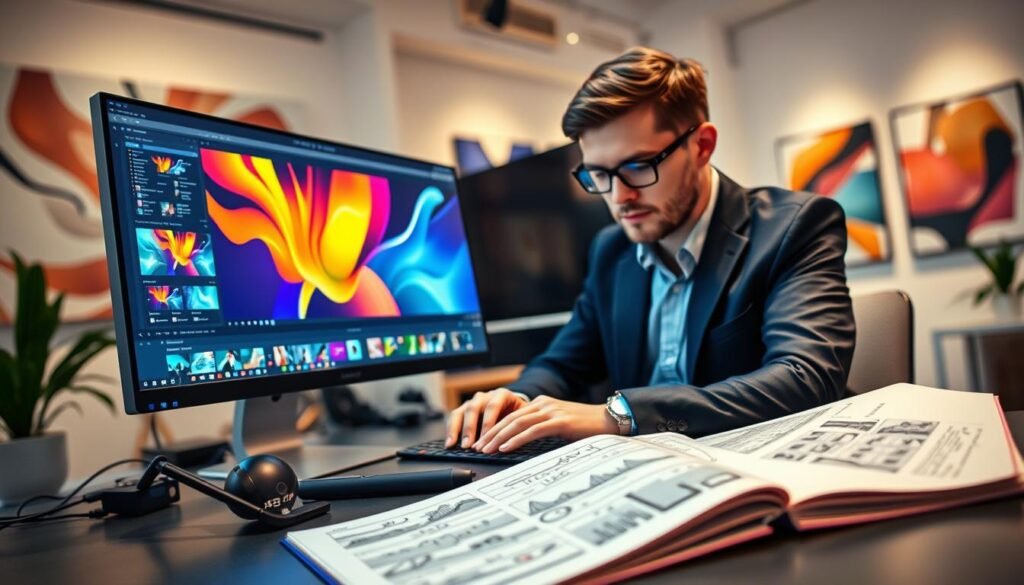 A vibrant and dynamic motion graphics workspace, showcasing a sleek computer setup displaying colorful animations and graphics. In the foreground, a professional designer, dressed in smart casual attire, intently focuses on the screen, their hands poised over the keyboard. The middle ground highlights an open sketchbook filled with designs and a digital tablet beside the computer, emphasizing creativity and innovation. The background features a stylish, modern office with bright, ambient lighting and walls adorned with abstract art that reflects motion themes. A slight blur is suggested in the background to emphasize the designer's focused work. The overall atmosphere is energetic and inspiring, embodying the world of freelance motion graphics with a sense of productivity and professionalism.