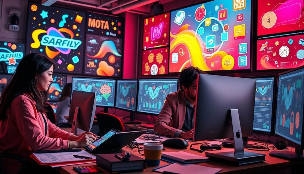 A vibrant and dynamic scene depicting a motion graphics workspace, showcasing a variety of animated elements like colorful shapes, flowing text, and digital icons. In the foreground, a diverse group of professional freelancers—two women and one man—are intensely focused on their high-resolution monitors, wearing smart casual attire. The middle ground features a cluttered desk with drawing tablets, sketchbooks, and a coffee cup, symbolizing the creative process. The background is filled with large monitors displaying intricate animations and project timelines, illuminated by soft, ambient lighting to enhance the atmosphere of creativity and collaboration. The entire composition conveys a sense of energy and innovation, inviting viewers into the world of freelance motion graphics.