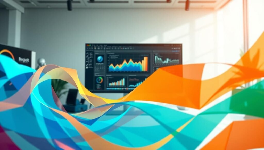 A vibrant and dynamic visual representation of motion graphics, showcasing various geometric shapes and fluid animations in a digital workspace. In the foreground, bold, colorful vector elements twist and rotate, displaying a harmonious blend of blue, orange, and green hues. The middle layer features a sleek digital interface with design tools, showcasing animated graphs and typography taking shape. In the background, a soft-focus, abstract backdrop with a gradient of light colors enhances the sense of motion. The scene is illuminated with soft, directional lighting that casts gentle shadows, creating depth and focus on the foreground elements. Capture the essence of creativity and innovation in a professional atmosphere, using a wide-angle lens to emphasize the flow and movement of the graphics, evoking a sense of inspiration and engagement.