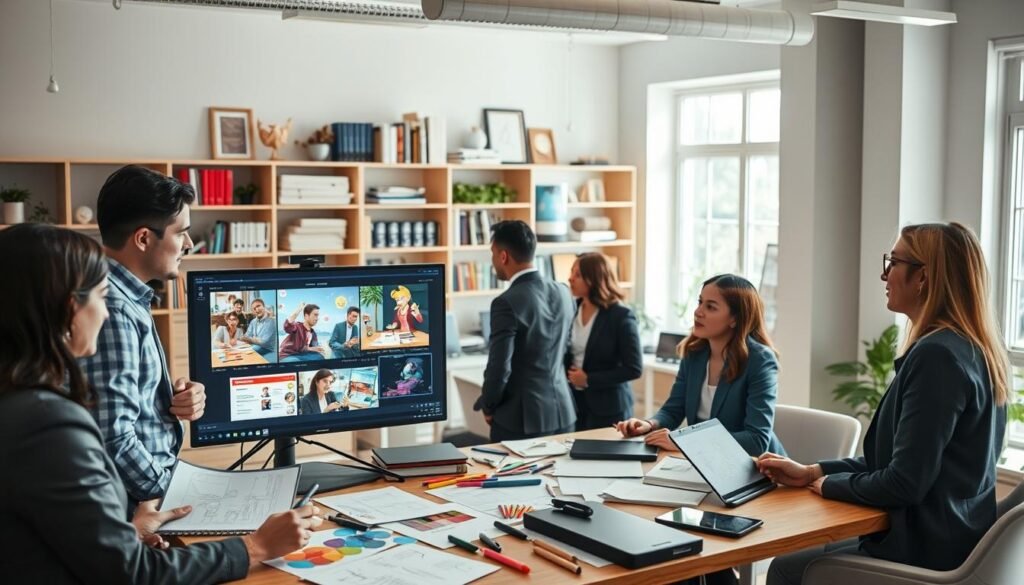 A vibrant and dynamic workspace depicting the motion graphics process from conception to final video. In the foreground, a diverse group of professionals, dressed in smart business attire, collaborates around a large digital monitor displaying animated graphics and storyboards. In the middle layer, tools and materials such as sketches, color palettes, and digital tablets are scattered, illustrating the brainstorming stage. In the background, soft-focus shelves filled with design books and awards convey a creative atmosphere. The scene is bathed in natural light from a nearby window, creating a warm and inspiring ambiance. The angle is slightly elevated, providing a comprehensive view of the process, showcasing creativity and teamwork essential in motion graphics production.