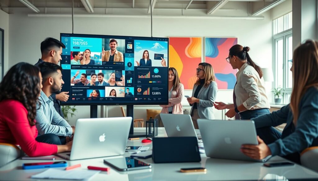 A vibrant and engaging scene depicting the concept of video marketing. In the foreground, diverse business professionals, both men and women, are collaborating around a large screen displaying dynamic video content that showcases various marketing metrics and creative visuals. In the middle ground, an array of digital devices like laptops and smartphones are scattered, reflecting a modern workspace. The background features a bright, airy office environment with sleek furniture and colorful artwork, promoting a feeling of creativity and innovation. The lighting is bright and energetic, highlighting the active engagement of the team. Capture the mood of excitement and collaboration as they discuss strategies to boost engagement and conversions through video marketing.