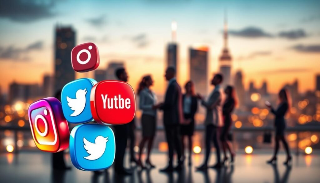 A vibrant and visually appealing illustration of various social media platform logos, including Instagram, YouTube, TikTok, Twitter, and Facebook, prominently featured in the foreground, arranged in a dynamic circular layout. Each logo should be designed in a glossy style, reflecting light to create a sense of depth. In the middle ground, incorporate subtle silhouettes of diverse professionals discussing video concepts, all wearing smart business attire to convey professionalism. The background should be a blurred city skyline at dusk, with warm urban lights twinkling to evoke an energetic and modern atmosphere. Soft ambient lighting should illuminate the scene, enhancing the mood of collaboration and creativity in video marketing.