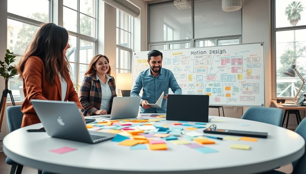 A vibrant, modern workspace filled with creative energy, featuring a diverse group of three professionals—two women and one man—engaged in animated discussion around a large, round table strewn with colorful sticky notes, sketches, and laptops. In the foreground, the individuals are dressed in smart-casual attire, appearing focused and enthusiastic. The middle ground showcases an expansive whiteboard filled with mind maps and visual ideas related to motion design, with colorful illustrations and arrows indicating movement. In the background, large windows allow natural light to flood the room, creating a warm and inviting atmosphere. The soft glow of desk lamps complement the daylight, enhancing the sense of inspiration and collaboration. The angle captures the excitement of this brainstorming session, inviting viewers to feel the creative momentum.